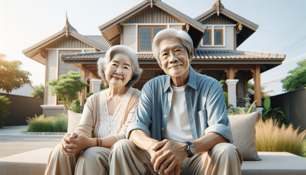Old Asian Husband Wife Relaxed Outside House Subject People